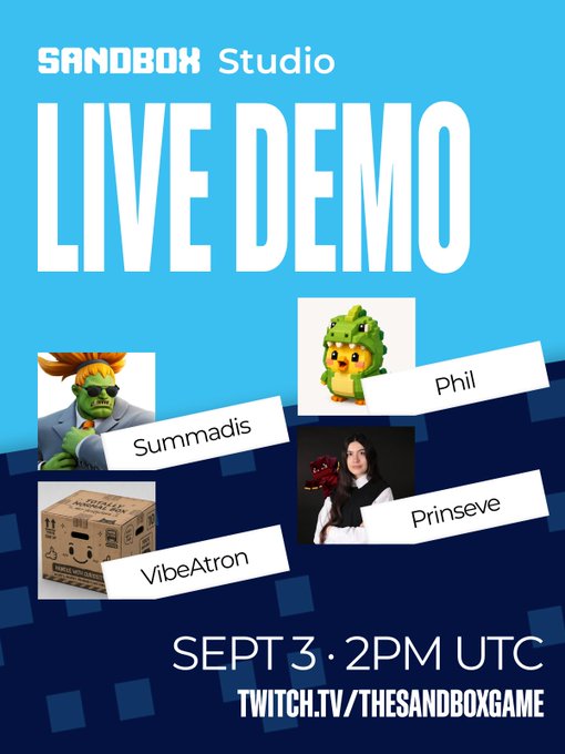 A 'SANDBOX Studio LIVE DEMO' promotional graphic for Sept 3 at 2PM UTC on twitch.tv/thesandboxgame, featuring avatars for Summadis, Phil, VibeAtron, and Prinseve.