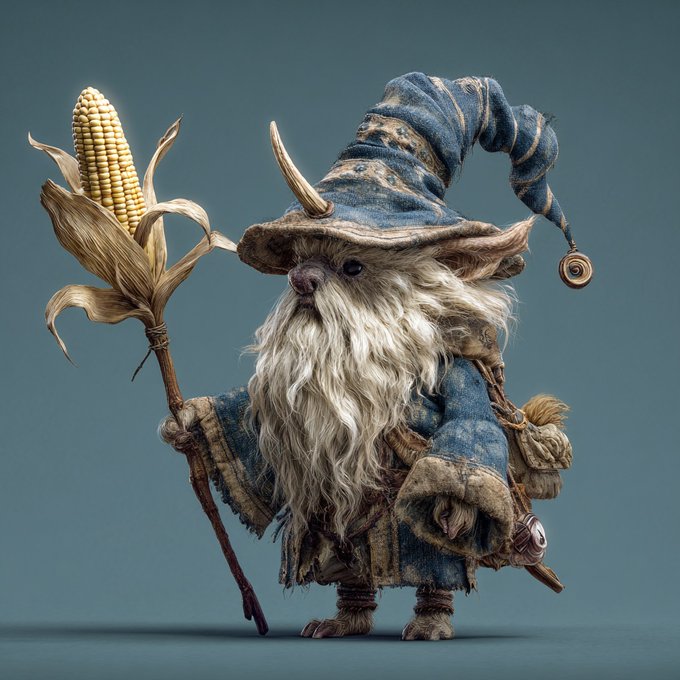 A detailed 3D render of a small fantasy wizard or gnome creature with a long white beard, wearing a tattered blue robe and pointed hat, holding a wooden staff with an ear of corn on top.