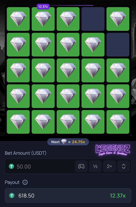 The image shows a screenshot of a Mines Run slot game. The main focus of the image is a board full of diamonds arranged in a grid-like pattern, each representing a diamond symbol within the game. As the gameplay unfolds, the players may need to consider whether to pay their bet (USDT) using the provided payment options or continue with the next move. The post suggests that the player should drop their current move and make another attempt at the mine or take a cash deposit if they have enough funds.
