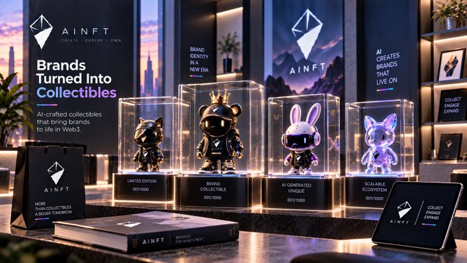 An AINFT display showcases AI-crafted collectibles in glass cases — including a bear, crowned figure, bunny, and cat — with text reading "Brands Turned Into Collectibles" and "AINFT."