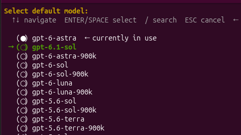 A terminal menu screen for selecting a default AI model, with 'gpt-6.1-sol' highlighted as the currently in use option among various GPT model choices.