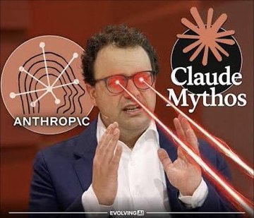 A man is edited with laser eyes shooting out, flanked by the Anthropic logo and "Claude Mythos" text, credited to "EVOLVING AI".