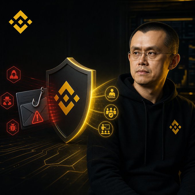 A promotional image featuring CZ (Binance) in a black hoodie next to a Binance shield and various warning icons including phishing, hacking, and bugs.