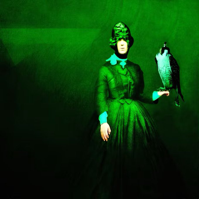 A figure in an elaborate Victorian-style dress and bonnet holds a falcon on a gloved hand, all bathed in an eerie green glow against a dark background, evoking a mystical, ethereal aesthetic fitting for the enigmatic "GN Frens" tagline.