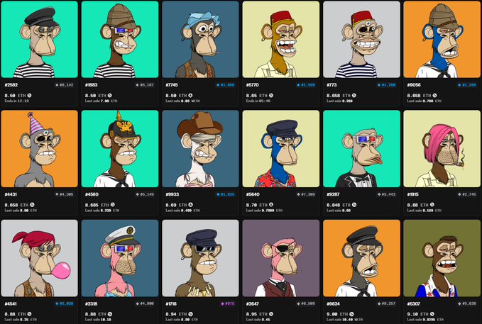 The image features a grid of twelve different cartoon monkey profiles, each with their own unique appearance and style. These profiles have been listed for sale on an APE marketplace, where they are being bought by collectors or enthusiasts. The monkeys are displayed in various poses and settings, showcasing their diverse personalities and artistic styles. The post also mentions that the market is always active, which suggests that there is a constant flow of new profiles being added to the marketplace and buyers searching for interesting additions to their collections.