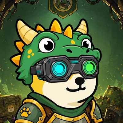 A cartoon illustration depicts a cute dog-like character wearing a green dragon hood with yellow spikes and futuristic VR goggles, set against a green sci-fi background.