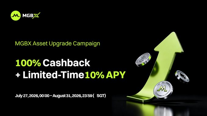 The image is a promotional banner for the "MGBX Asset Upgrade Campaign," advertising 100% Cashback and a limited-time 10% APY offer running from July 27 to August 31, 2026 (SGT). It features the MGBX logo, a large green upward arrow, and floating MGBX coins, visually reinforcing the post's message about unlocking rewards by moving assets to the MGBX platform.