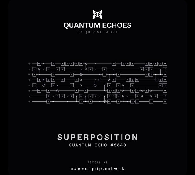 A black graphic with 'QUANTUM ECHOES BY QUIP NETWORK' at the top, a quantum circuit diagram in the middle, and 'SUPERPOSITION QUANTUM ECHO #6648' with 'REVEAL AT echoes.quip.network' at the bottom.