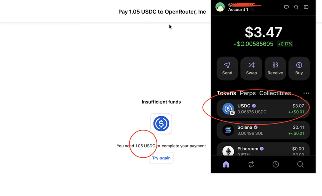The image shows a payment failure page displaying "Insufficient funds - You need 1.05 USDC to complete your payment to OpenRouter, Inc," alongside a Phantom Wallet screenshot showing an account balance of $3.47 with 3.06876 USDC ($3.07) held. The red circles highlight the contradictory state: the wallet holds approximately $3.07 in USDC, which exceeds the 1.05 USDC required for the OpenRouter payment, indicating a likely transaction error rather than an actual insufficient balance.