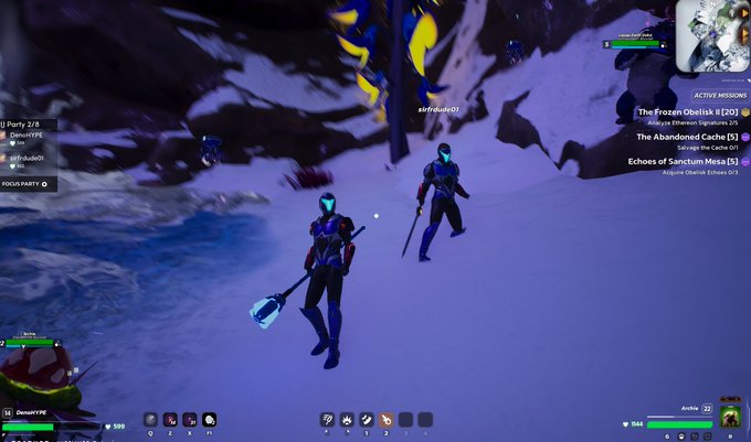 Gameplay footage from a video game showing two characters in futuristic armor exploring a snowy landscape, with an active missions menu on the right side.