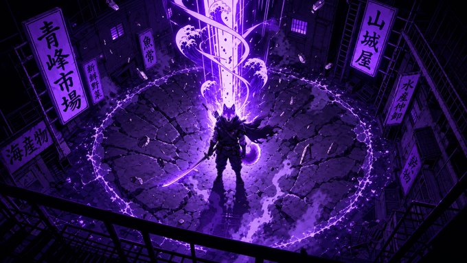 A warrior stands at the center of a glowing purple circle surrounded by Japanese signs reading "青峰市場" (Aobane Market), "山城屋" (Yamashiroya), "海産物" (Seafood), and "新鮮野菜" (Fresh Vegetables), channeling powerful violet energy into the air. The image's dramatic, otherworldly power-up aesthetic mirrors the bullish intensity of "letting the dog eat" with $WOOF (CA: EDE6XD9TzaVTcxf721D5hJLX5dWvQjpuRth6TiLgpump).