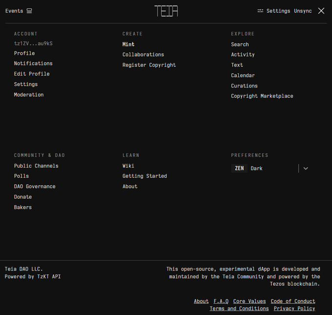 A dark-themed settings menu interface for Teia, displaying options under categories like Account, Create, Explore, Community & DAO, Learn, and Preferences (set to ZEN Dark).