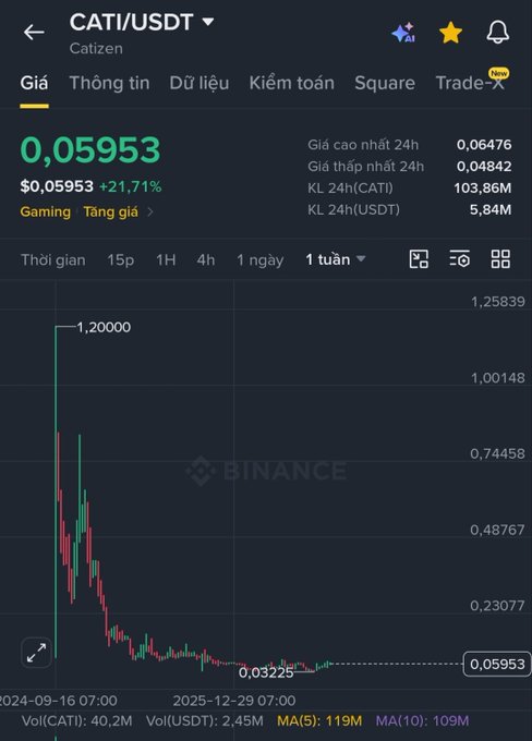 A Binance trading chart shows the CATI/USDT (Catizen) token priced at $0.05953, down 21.71% with a weekly view showing a significant price decline from a high near $1.25839 to around $0.03225.