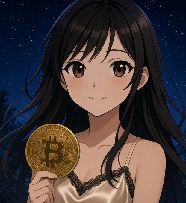 An anime-style illustration of a dark-haired woman holding a physical Bitcoin coin, set against a starry night sky background.