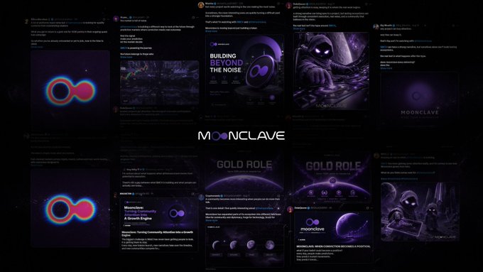 The image is a collage showcasing social media posts and graphics from the @themoonclave platform, featuring text like "MOONCLAVE," "BUILDING BEYOND THE NOISE," "GOLD ROLE," and "Moonclave: Building community, Allocator into a Growth Engine, A Growth Engine," alongside various images of an astronaut character. It visually reinforces the post's message about Moonclave's role as a core infrastructure layer in prediction markets, emphasizing how outcomes are determined and settled beneath the user-facing interface.