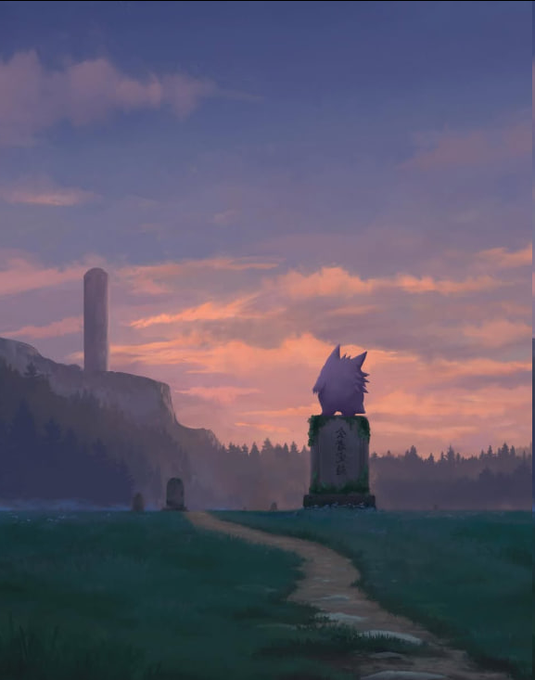 A serene landscape painting featuring a sunset sky, a path leading to a monument topped with a sculpted head, and another tall stone pillar on a distant hill.