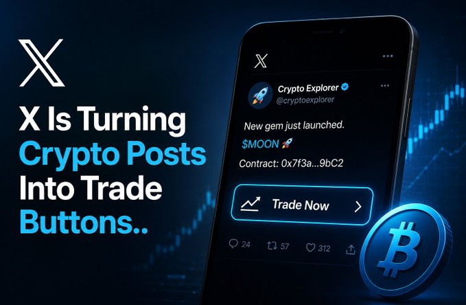 Promotional graphic showing X (formerly Twitter) adding crypto trading features, displaying a mock post from @cryptoexplorer with a 'Trade Now' button for $MOON token with contract address 0x7f3a...9bc2.