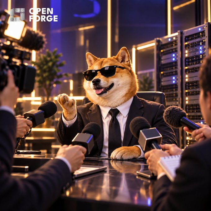 An anthropomorphic Shiba Inu wearing a black suit and sunglasses sits at a press conference table surrounded by microphones, with 'OPEN FORGE' visible in the corner.