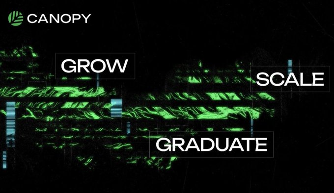 A CANOPY graphic with a dark, glitchy green background displaying the words 'GROW,' 'SCALE,' and 'GRADUATE.'