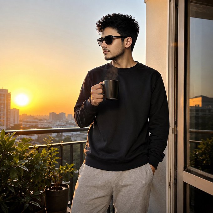 A man wearing sunglasses and a black sweatshirt stands on a balcony holding a steaming mug, with a sunset cityscape in the background.