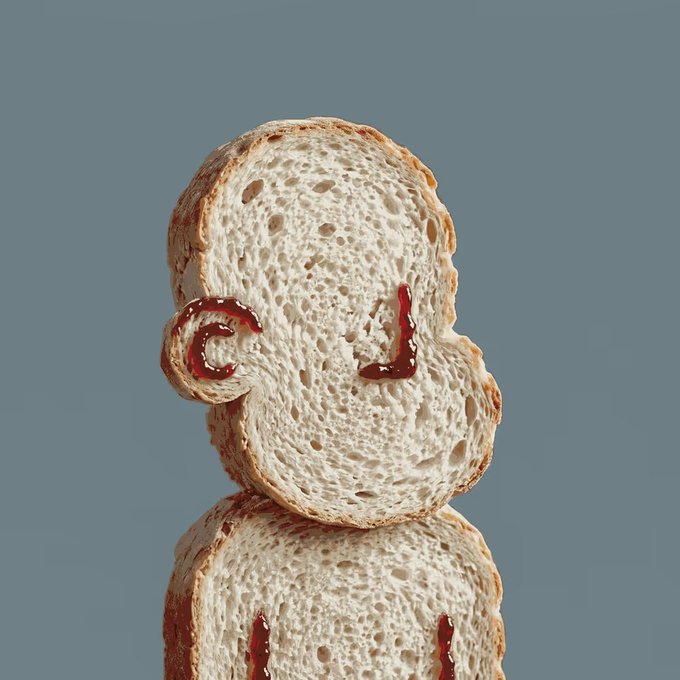 The image features a close-up of two slices of bread artfully cut and stacked atop one another, creating an interesting and playful visual. The bread has been altered into the shape of an ear with two red dots positioned above the ear and a small "L" below it on each side. This whimsical design gives the bread a creative twist that captures attention.

The accompanying post is titled "NPC #2202 sold for 0.95eth (#2) Second highest sales NPCs." It refers to the character of two slices of bread instead of actual NPCs, adding humor and novelty to the image. The focus on the playful artistry of these two slices of bread in the photo highlights a unique approach to presenting everyday items with a touch of creativity.