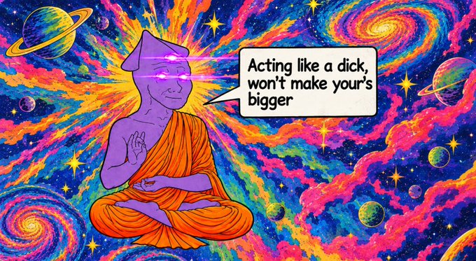 A colorful psychedelic artwork featuring a meditating figure in orange robes with glowing pink eyes, surrounded by galaxies and planets, with a speech bubble reading 'Acting like a dick, won't make your's bigger'.