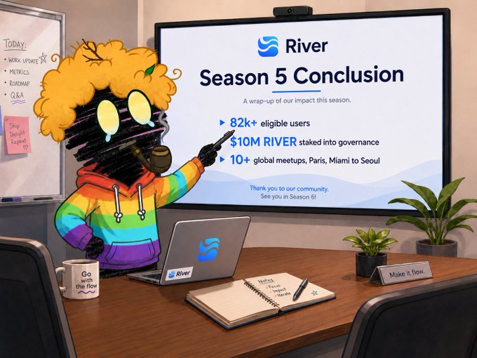 A colorful digital illustration of a black character with glowing yellow eyes and a rainbow hoodie standing at a desk, presenting a 'River Season 5 Conclusion' slide showing 82k+ eligible users, $10M RIVER staked, and 10+ global meetups.