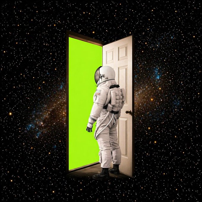 An astronaut stands before an open door revealing a green screen, set against a starry cosmic background—evoking a sense of stepping into the unknown, fitting for the message "Hello WEEXers!" as a welcoming invitation to explore new frontiers.