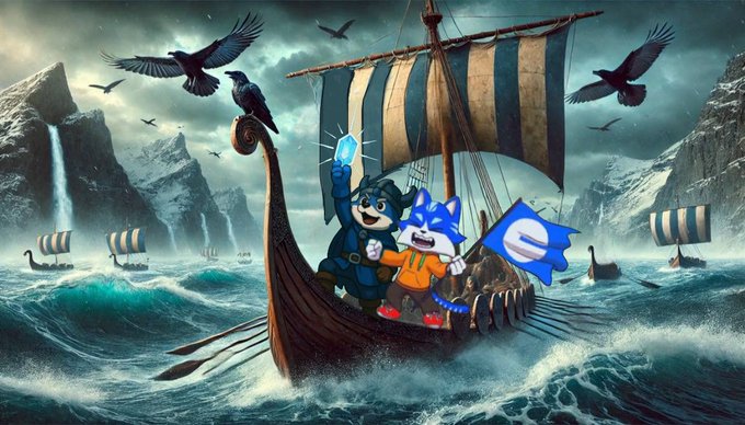The image features a cartoon boat with two people, one of whom has a blue flag on their back that reads "E". The boat appears to be sailing through rough waters, possibly during a storm or rough sea conditions. In the background, there are several birds flying around and mountains in the distance. The post also includes text that says "The setup looks ready Enjoying the quiet accumulation. Calm before the storm $floki", which could be interpreted as a reference to the calm before an approaching storm or rough seas.