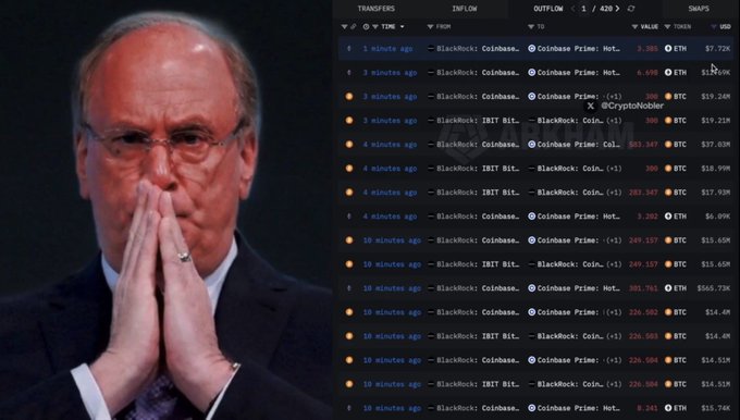 The image shows Larry Fink with his hands clasped, alongside a cryptocurrency transaction feed displaying multiple recent BlackRock transactions moving Bitcoin (BTC) and Ethereum (ETH) to Coinbase Prime and IRIS Bit... with values ranging from millions to tens of millions of dollars, visualizing the alleged rapid sell-off described in the post.