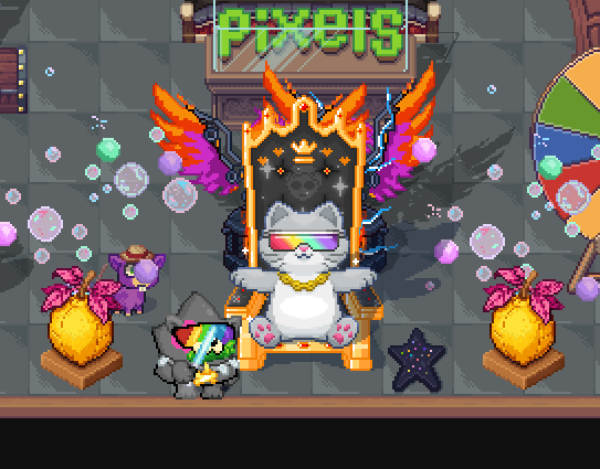 A pixel art scene featuring a cat wearing sunglasses and a gold chain sitting on an ornate throne, surrounded by winged designs, bubbles, pineapples, and a colorful wheel, with 'Pixels' text at the top.