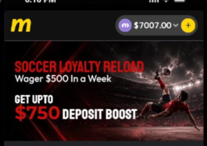The image displays a promotional banner for a "Soccer Loyalty Reload" offer on a gambling app, featuring a soccer player performing a bicycle kick, with text promoting a $750 deposit boost for wagering $500 in a week, alongside a $7007.00 balance display. The image relates to the accompanying post's $250 giveaway by showcasing the platform's promotional interface used to attract and engage users on the betting app.