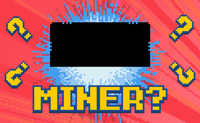A pixel-art "Who's That Miner?" game graphic featuring a blacked-out silhouette of a miner's head on a red and blue burst background, with the text "MINER?" in bold yellow letters and four yellow "?" symbols scattered around. The image supports the caption's prompt, inviting Rollercoin players to guess the hidden miner's identity for a chance to win 10 RLT each.