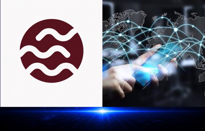 A split image showing the maroon wavy-line logo of Ripple (XRP) on the left and a glowing digital world map with network connections overlaid on a hand on the right.
