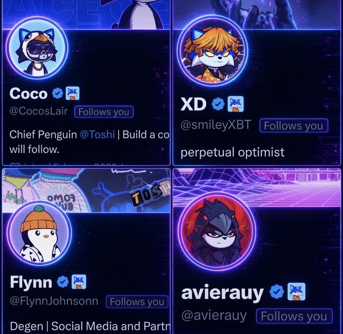 The image displays a grid of four Twitter/X profile cards featuring blue cat-themed avatars with verified badges, including "Coco (@CocosLair)," "XD (@smileyXBT)," "Flynn (@FlynnJohnsnn)," and "avierauy (@avierauy)"—all marked as following the viewer. The background prominently features "TOSHI" branding, visually reinforcing the post's call to "Follow the blue cat" and join the $TOSHI community.