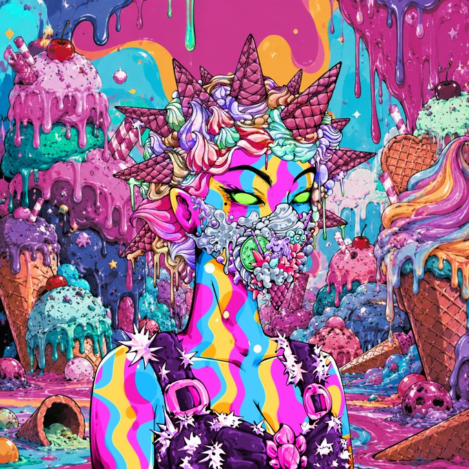 A vibrant psychedelic digital illustration of a figure with a spiked ice cream cone head surrounded by melting ice cream scoops and colorful drips.