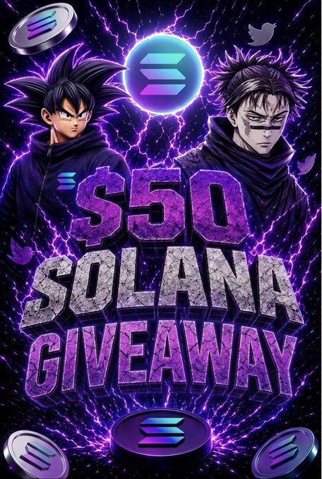 A crypto promotional graphic for a '$50 SOLANA GIVEAWAY' featuring anime-style characters (resembling Goku and Naruto) in dark clothing against a purple lightning background with Solana logos.