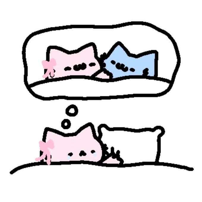 A cute doodle shows a pink cat sleeping peacefully next to a pillow, dreaming (as indicated by the thought bubble above) of snuggling with a blue cat companion.