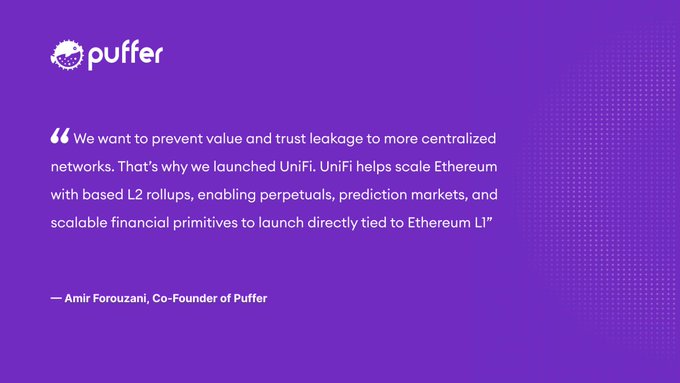 A quote graphic from Puffer featuring co-founder Amir Forouzani's statement: "We want to prevent value and trust leakage to more centralized networks. That's why we launched UniFi. UniFi helps scale Ethereum with based L2 rollups, enabling perpetuals, prediction markets, and scalable financial primitives to launch directly tied to Ethereum L1."
