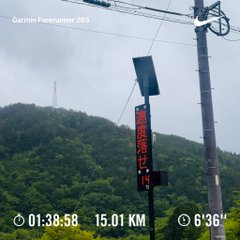 ikebana flower arrangement on a black pole, with a red sign displaying the time and distance to Mount Fuji, Japan.
