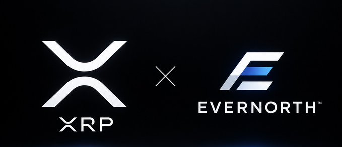 A partnership announcement graphic showing the XRP logo crossed with the Evernorth logo on a dark background.