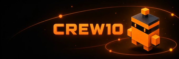 A logo design featuring an orange blocky robot character with the text 'CREW10' in orange lettering on a dark background.