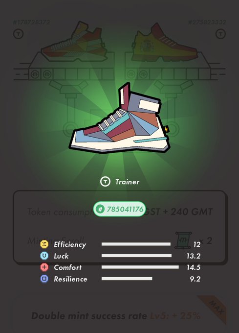 The image shows a STEPN sneaker minting interface displaying a "Trainer" sneaker with token costs including a highlighted value of 785041176 and "240 GMT," along with stats: Efficiency 12.2, Luck 13.2, Comfort 14.5, and Resilience 9.2, plus a "Double mint success rate Lv5: +25%" bonus. It visually captures the user's progress toward minting an Epic ASICS Trainer sneaker, as referenced in their hashtag post about successful minting in STEPN.