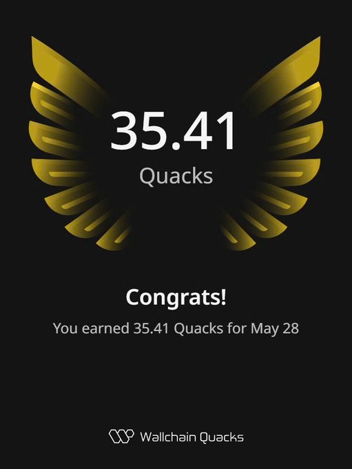 The image features an advertisement for quacks that celebrates someone's achievements, such as earning 35.41 quacks for Quackington Quacks on May 28th. The design elements of the ad include a gold bird wing, which adds a touch of elegance and sophistication to the overall presentation. This image may be associated with the content in the post about quackcoin.com or another related topic within the web3 space. It is designed to convey a sense of accomplishment and recognition, reflecting how Quackington Quacks has created an interesting layer between today's traditional Web3 and potentially emerging Quantum networks.