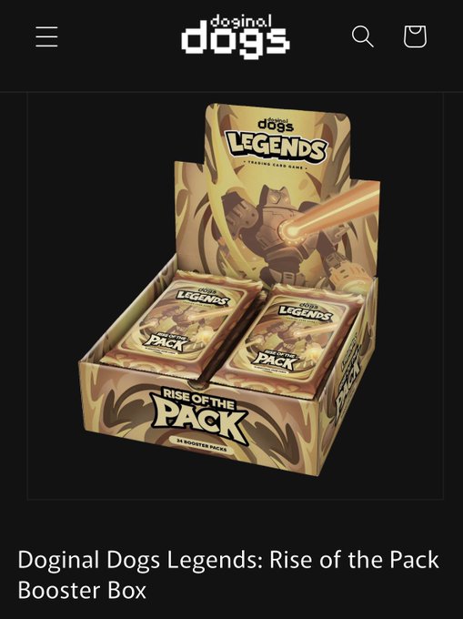 A product listing from 'doginal dogs' for a 'Doginal Dogs Legends: Rise of the Pack Booster Box,' showing an open display box containing booster packs with a golden dog character on the packaging.