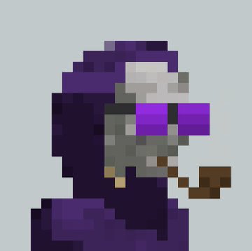 A pixel art character with purple hair and purple sunglasses smoking a pipe.