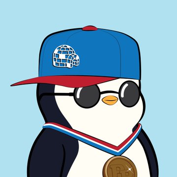 A cartoon illustration of a penguin with black sunglasses wearing a blue and red baseball cap that features a Millennium Falcon logo, along with a gold Bitcoin medal hanging from a red, white, and blue ribbon.