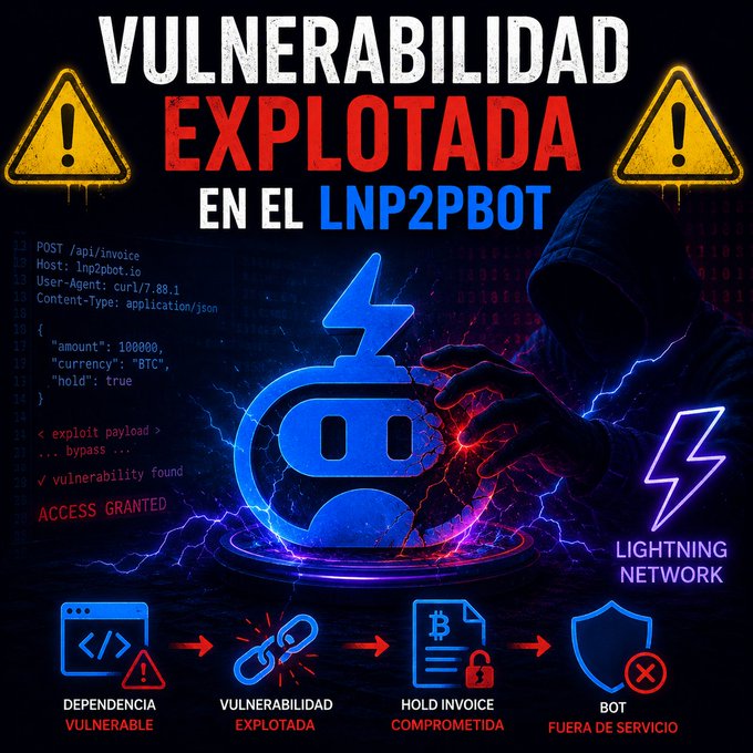 A Spanish-language cybersecurity alert graphic titled 'VULNERABILIDAD EXPLOTADA EN EL LNP2PBOT' showing exploit payloads and a hacked bot icon.