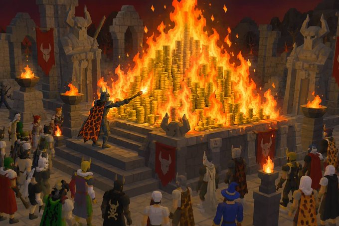 A 3D-rendered scene of a fantasy game showing a ritual where a character stands before a large pyre of burning gold coins while a crowd watches.