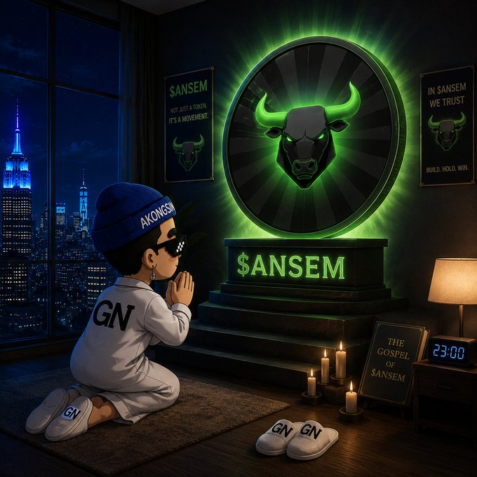 An anime-style character wearing a blue beanie with 'AKONSSIN' text and a white shirt with 'GN' kneels in prayer before a glowing green altar displaying a bull's head and the word '$ANSEM', with banners reading 'SANSEM', 'IN SANSEM WE TRUST', and a book titled 'THE GOSPEL OF $ANSEM' nearby.